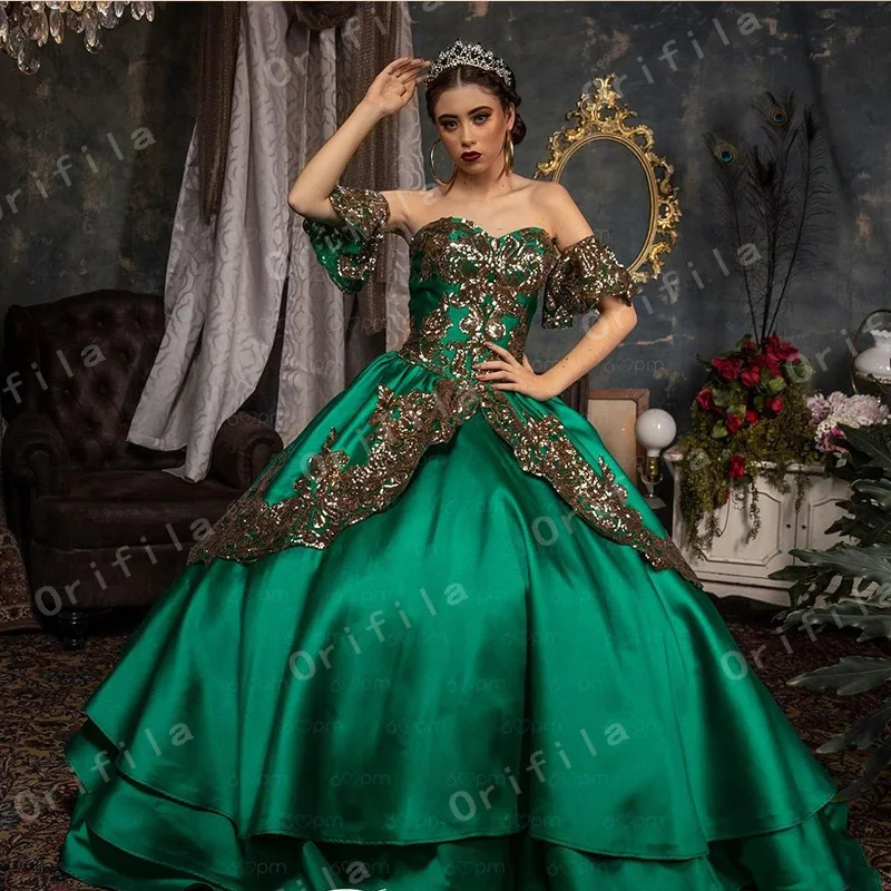 Verde doce 16 quinceanera vestido lantejoulas sparkly renda pageant vestido de festa vestido de baile menina mexicana vestido de aniversário