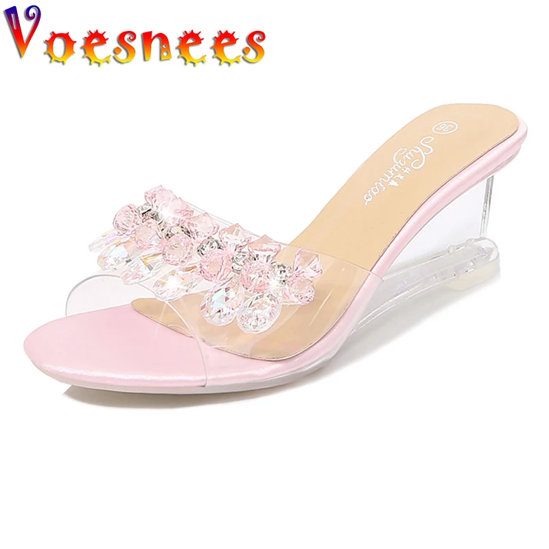 Voesnees Slippers Women Fashion Rhinestones Transparent Sandals 2021Summer New Non-slip Wedges Slides Female Model Catwalk Shoes