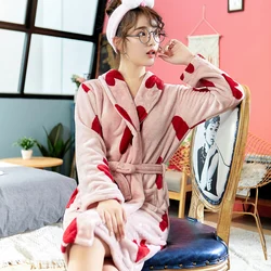 Women Winter Coral Fleece Warm Sleepwear Robe Kimono Gown Lady Nightdress Nightwear Flannel Long Sleeve Homewear Home Cothing