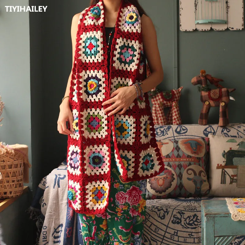 

TIYIHAILEY Free Shipping Fashion Long All-match Scarf Winter Warm Long Colorful Hand Made Crochet Patchwork Knitting 200x33cm