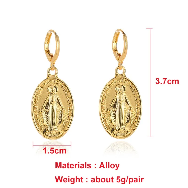 Gold Color Virgin Mary Charm Earrings for Women Geometric Oval Round Earrings Hanging the Madonna Lucky Earrings Jewelry