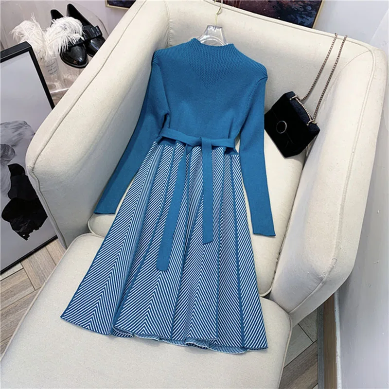 

2024 Thick Turtleneck Sweater Dress Elegant Women High Waist Slim Stripe Midi Dress Autumn Winter Warm A-line Knit Dress Femme