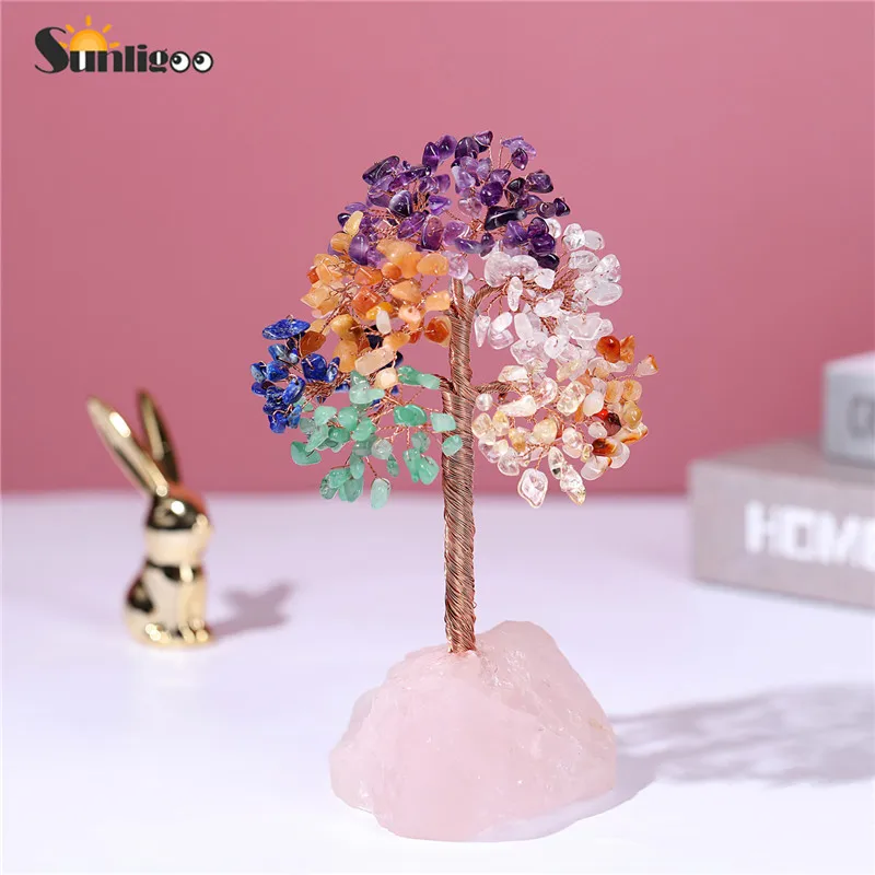 

Sunligoo Reiki Healing Crystal Tree Ornaments W/ Rose Quartz Bases Gemstone Tree 7 Chakra Money Tree Feng Shui Tree Home Decor