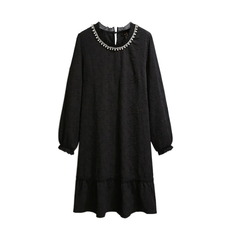 150Kg Plus Size Women\'s Autumn Loose Beaded Hook Flower Hollow Dress Bust 153cm 5XL 6XL 7XL 8XL 9XL Fashion Long-Sleeved Dress