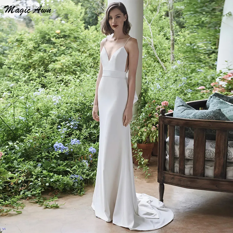 Magic Awn – robe De mariée en Satin, style Boho, dos nu, grand nœud, ceinture, Spaghetti, robe De plage, Simple, bon marché