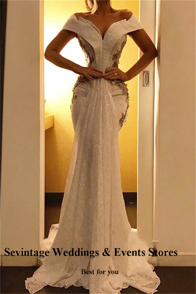 Sevintage Meerjungfrau Spitze Pailletten Prom Kleider Appliques Weg Von der Schulter Abendkleid Backless Nach Maß Pincess Party Kleider