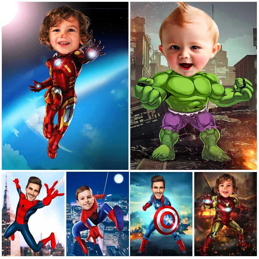 Custom Baby Head Cartoon Hero Anime Portrait Wall Pictures For Living Room Nordic Poster Wall Art Canvas Painting Unframed