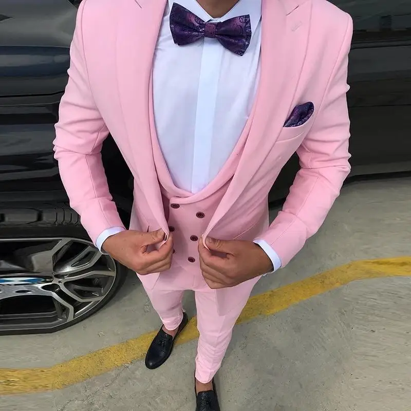 

Men's Suits Light Pink Slim Fit Suits Homme Lapel Fitting Tux Groom Suit Men Blazer (Jacket+Pants+Vest)