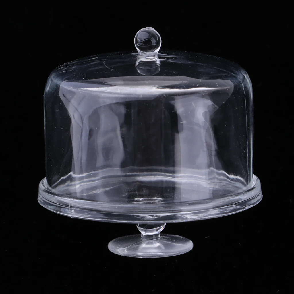 1 Piece Miniature Dollhouse Acrylic Clear Cake Display Plate Stand Fruit Snack Tray with Lid Cover Dolls House Kitchen Tableware