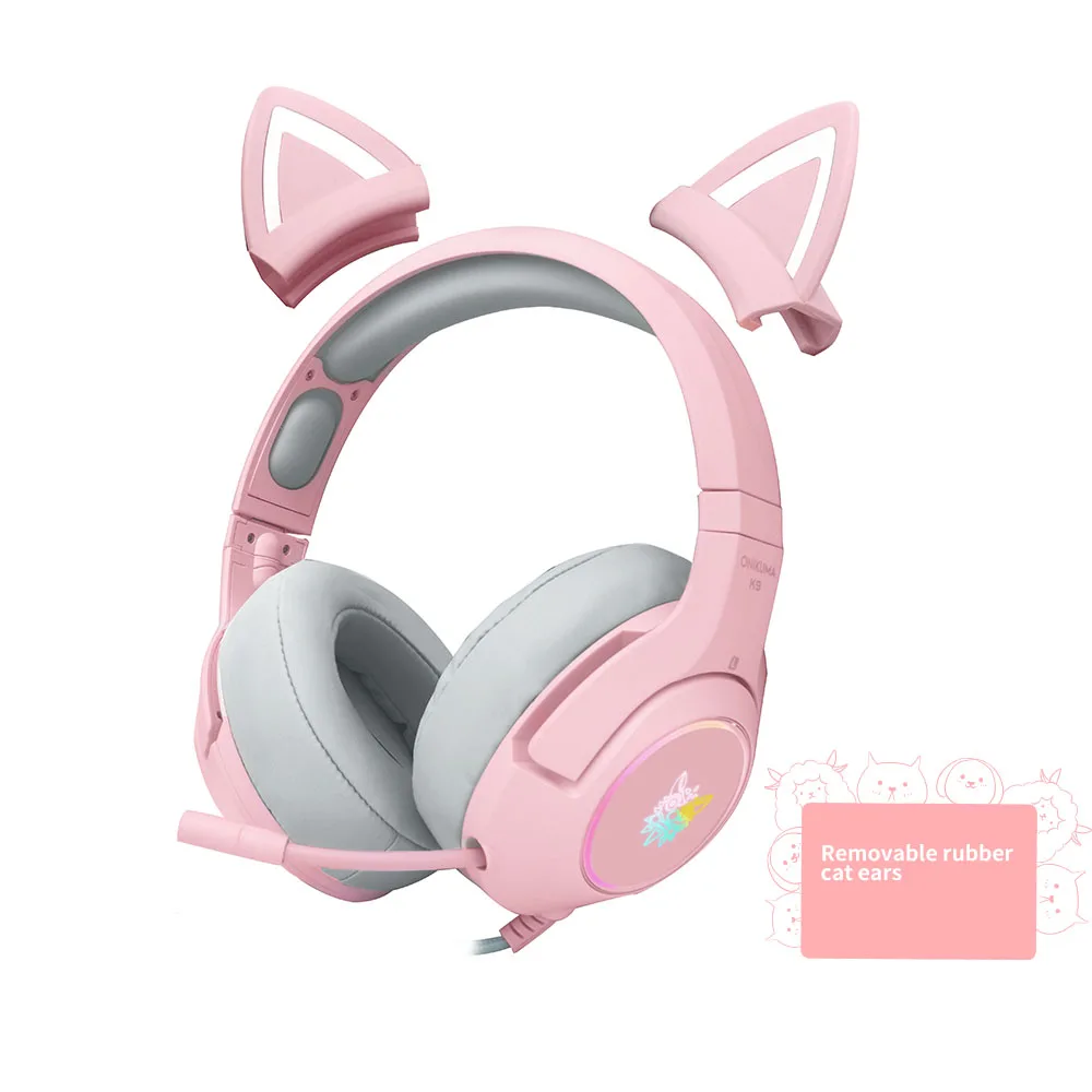 Pink Cat Ear Headset +mouse， 7.1 Stereo Deep Bass Wired Gaming Headphones with Mic LED Light for Laptop/ PS4/Xbox One for girls