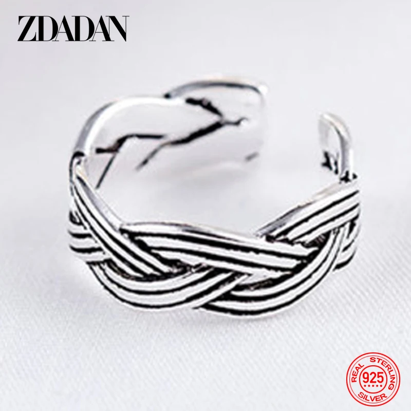 

ZDADAN 925 Sterling Silver Vintage Weave Open Rings For Women Jewelry Gifts