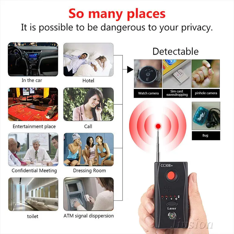 CC308+ Mini Anti Candid Camera Detector Anti-Spy Hidden Camera Laser Audio Signal Bug Small Full-range WiFi RF GSM Device Finder