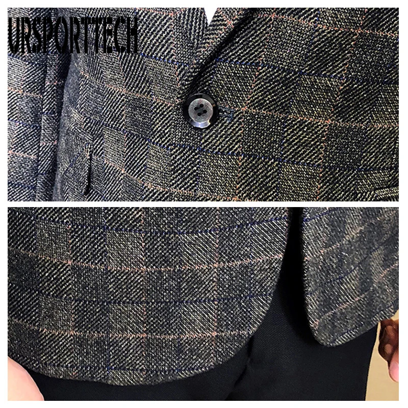 URSPORTTECH męska marynarka brytyjski styl Casual dopasowany przylegający garnitur kurtka mężczyzna Plaid Blazers mężczyźni płaszcz Terno Masculino Plus rozmiar M-5XL