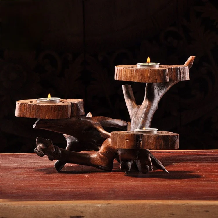 

Retro Nostalgic Wooden Creative Three-Head Candlestick Decoration Dining Table Creative European Candle Dinner Candle Holder