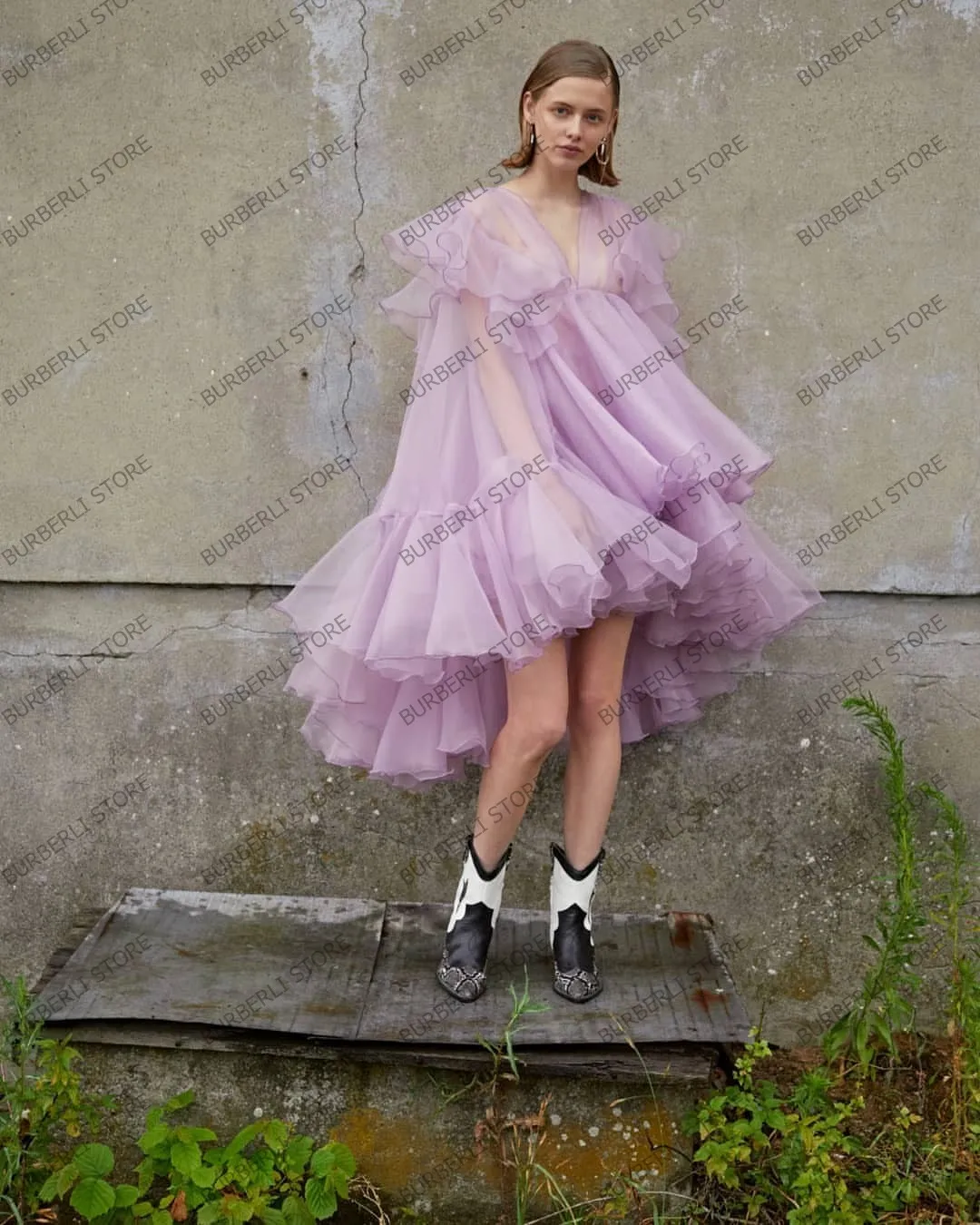 Cute Light Purple Ruffles Ruched Tulle Girls Dress To Party See Thru V-neck Long Sleeves Mesh Short Summer Women Gowns High Low