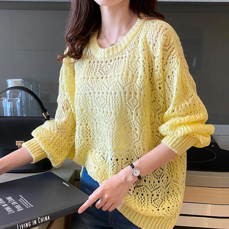 Hollow Out Summer Loose Knitted Pullover Tops Fashion  Thin Cool Pull Jumpers Yellow O-neck Mesh Tops Ladies Mesh Shirt