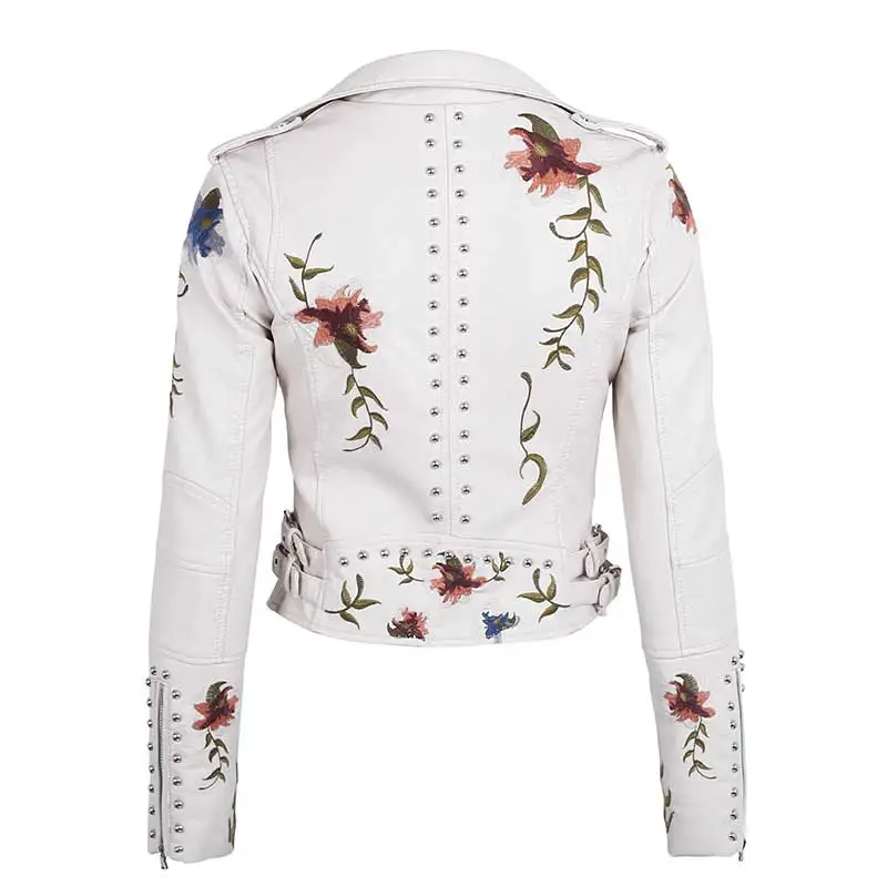 TEELYNN Boho Biker giacche da moto giacca a maniche lunghe in pelle per donna cappotto ricamo floreale bianco rivetto Vintage top con cerniera