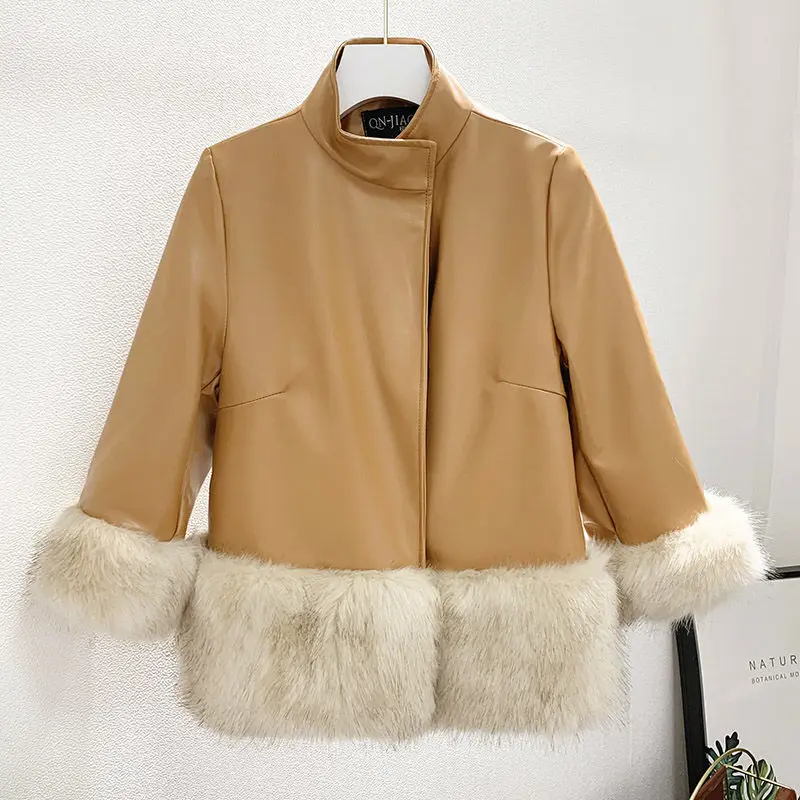 Faux Fox Fur Coat Women High Quality Luxury Short Stand Collar Splicing Fur Jacket Female Leather Coats 2024 Autumn Winter S-4XL