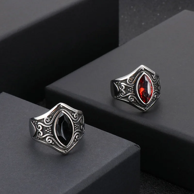 Vintage Jewelry Stainless Steel Red Stone Carved Men\'s Ring Personality Fashion Ring