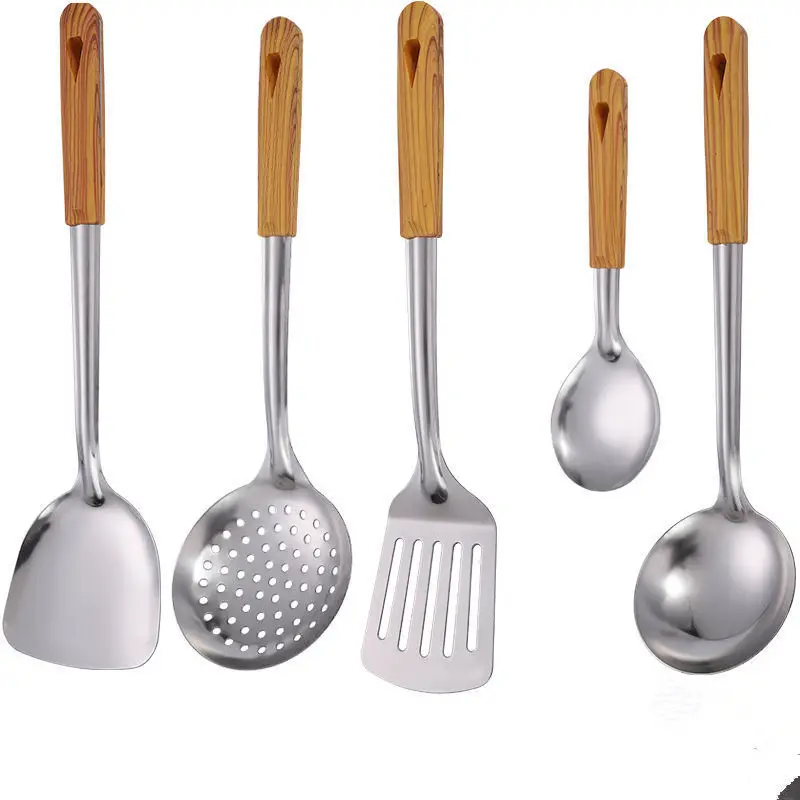 

Stainless Steel Cooking Utensils with Wooden Handle Spatula Rice Soup Spoon Frying Shovel Colander Cookware Kitchen Tools