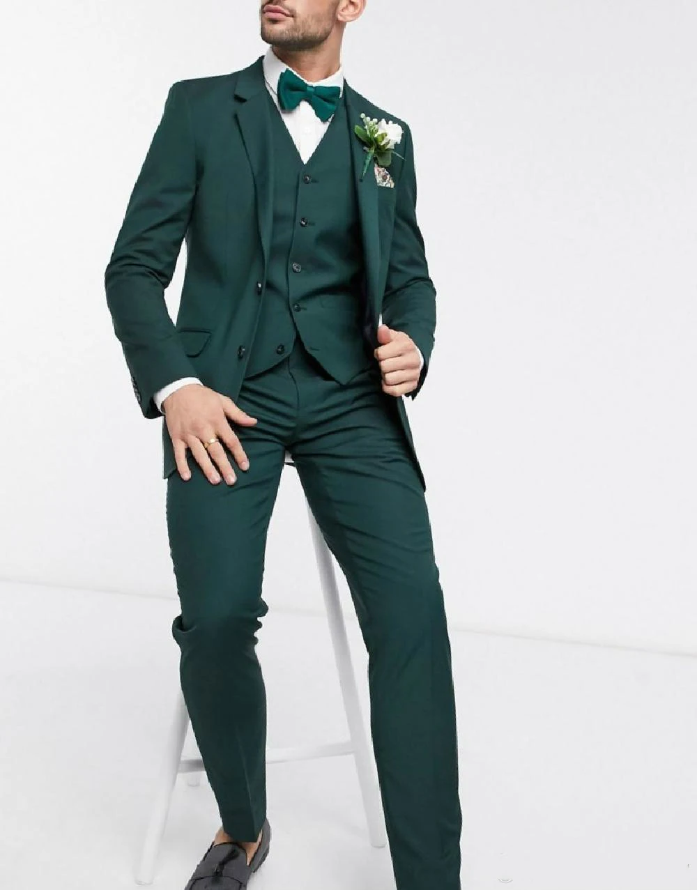 Mens Wedding Tuxedos Dark Green Two Button 3 Pieces Groom Wear Suits Best Man Formal Blazer Suit(Jacket+Vest+Pants)