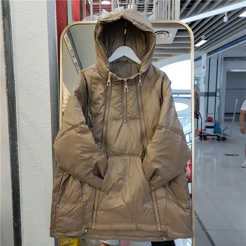 Mid-length Women Loose Hooded Multi-zipper Puffer Jacket High Quality White Duck Down Outwear Casual Long Sleeve Winter Parkas