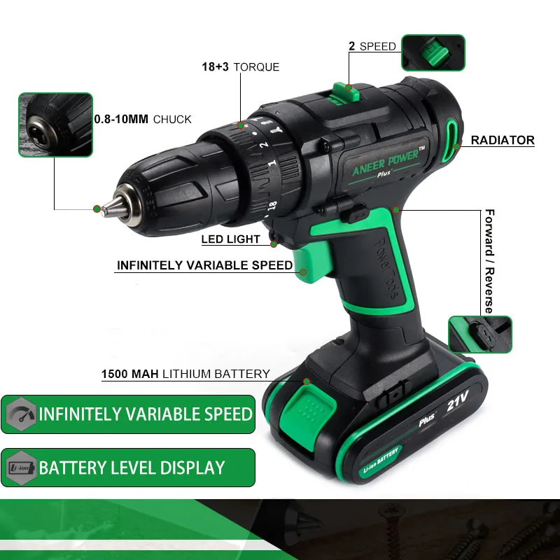 21V Wireless Impact Drill Electric Screwdriver Hand Electric Drill 1500 MAh Lithium Battery Cordless Drill Home Diy Power Tools