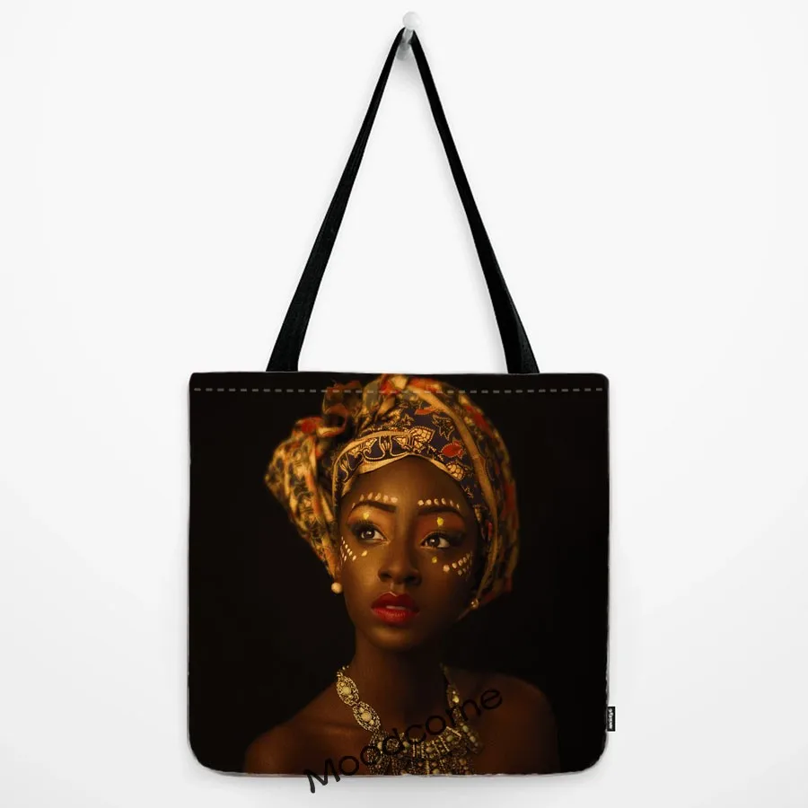 Black Elegant Fashion African Woman Girl Princess Luxury Water Resistant Cotton Linen Shopping Bag  Shoulder Bag Large Tote Bag