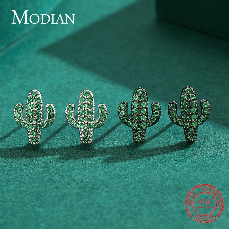 Modian 100% 925 Sterling Silver Plant Green Crystal Cactus Fashion Girls Stud Earrings For Women Clear Cubic Zircon Fine Jewelry