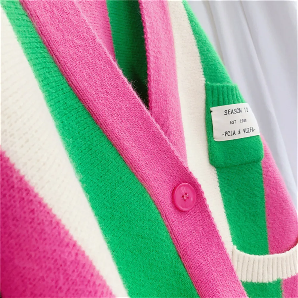 Popular Pink Green Striped Color-block Knitted Cardigan Loose Greek Sorority A Sign Club Sweater Coat For Girl Women