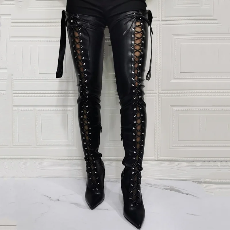 Stiletto Lace Up Stretch Leather Women Skintight Thigh High Boots With Waist Belt Sexy Ladies Over Knee Boots Big Size 47