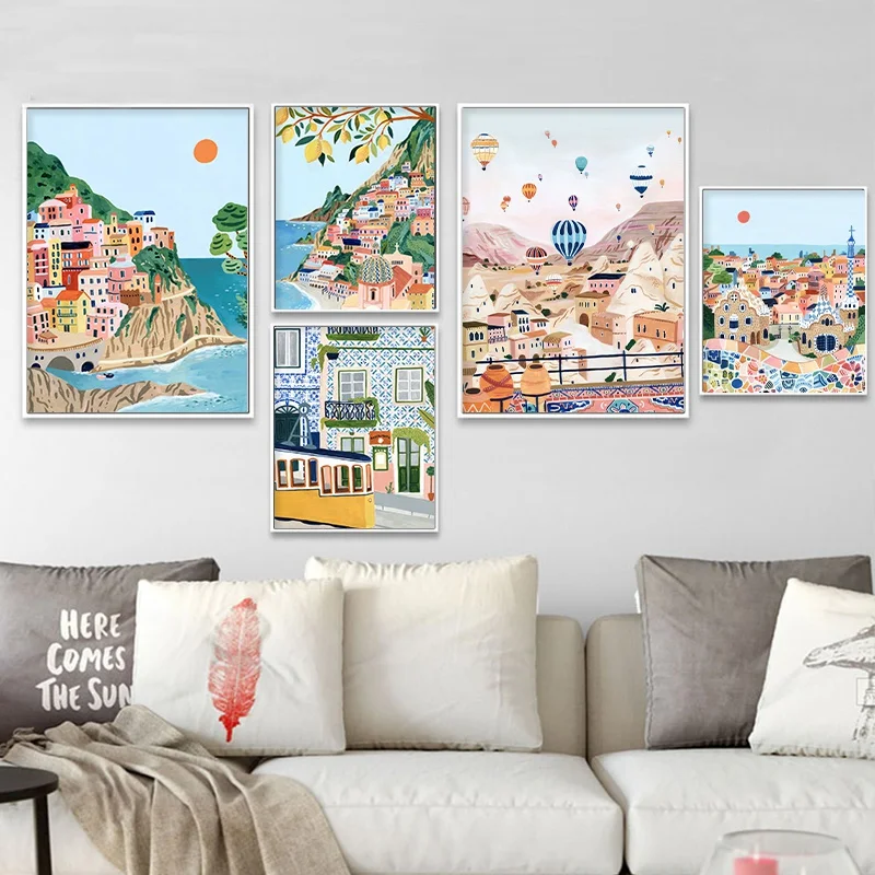 Retro Travel Famous Cities Wall Art Canvas Painting Spain Turkey Italy Portugal Landscape Poster Living Room Home Decoration