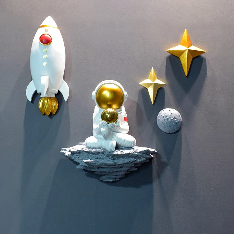 Modern Luxury Astronaut Rocket Resin Wall Hanging Crafts Home Livingroom Wall Mural Ornaments Hotel Club Wall Sticker Decoration