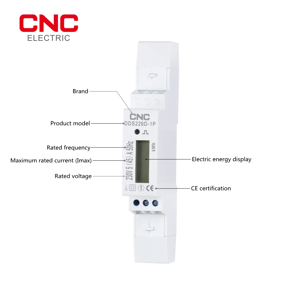 CNC DDS226D-1P LCD 35mm standard DIN rail installation 5(45)A 230V 50Hz Single-phase Din-rail Energy Meter KWH