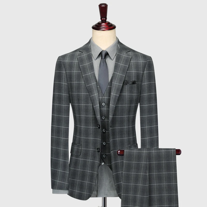 Grey Plaid Men Suits Set Slim Style For Wedding Groom Clothing Plus Size 58 Business Man Dress Casual Daily Wear