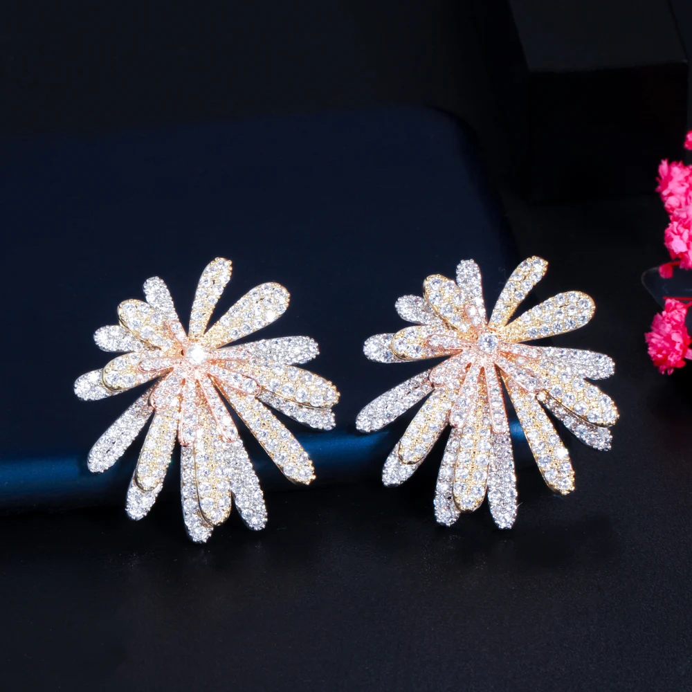 CWWZircons 3 Tone Gold Color Multi Layer Firework Flower Cubic Zircon Big Luxury Earrings for Women Wedding Bridal Jewelry CZ887