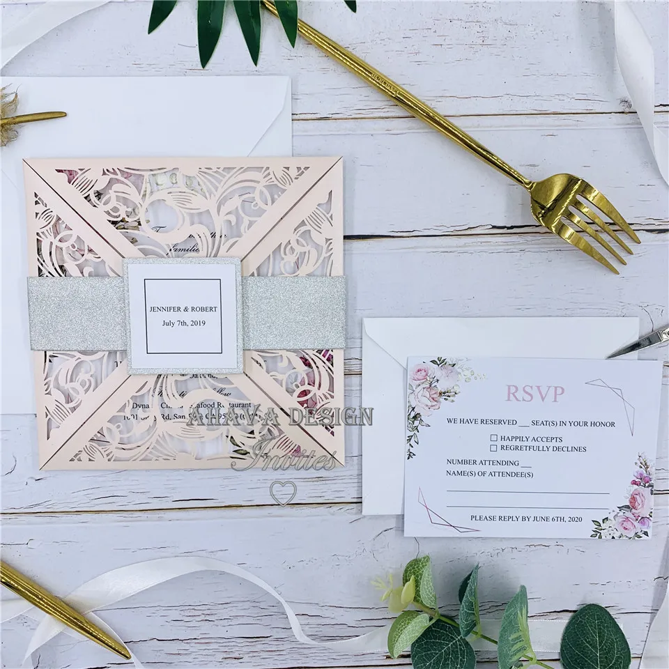 Unique Square Blush Invitation With Flower Laser Cut Wrap And Glitter Belly Band