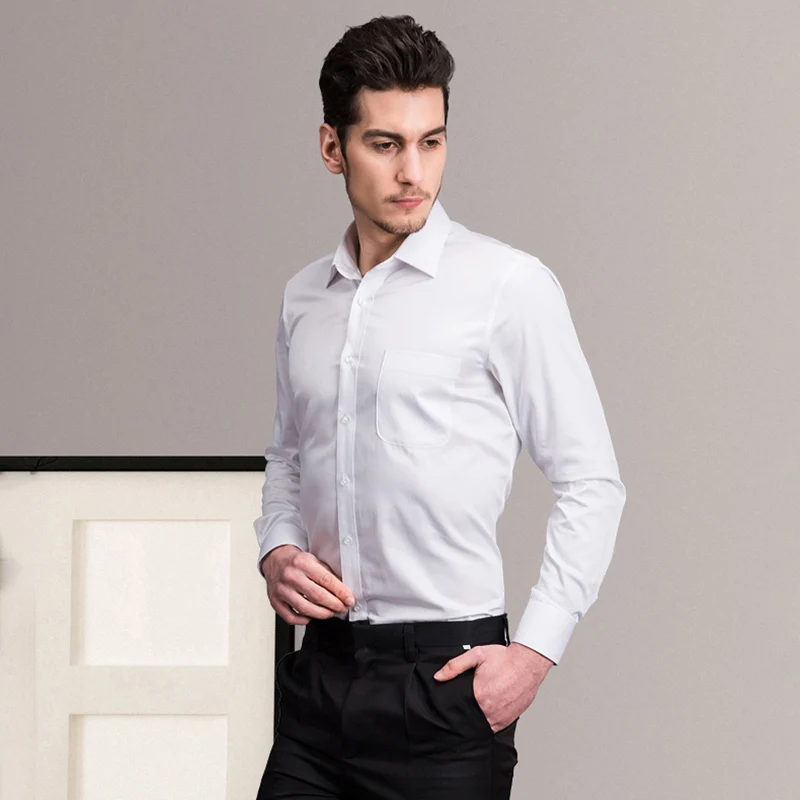 Mercerized Cotton Square Collar Solid Men\'s Dress Shirts Long Sleeve Slim Fit Anti Wrinkle Easy Care High Quality Clothing