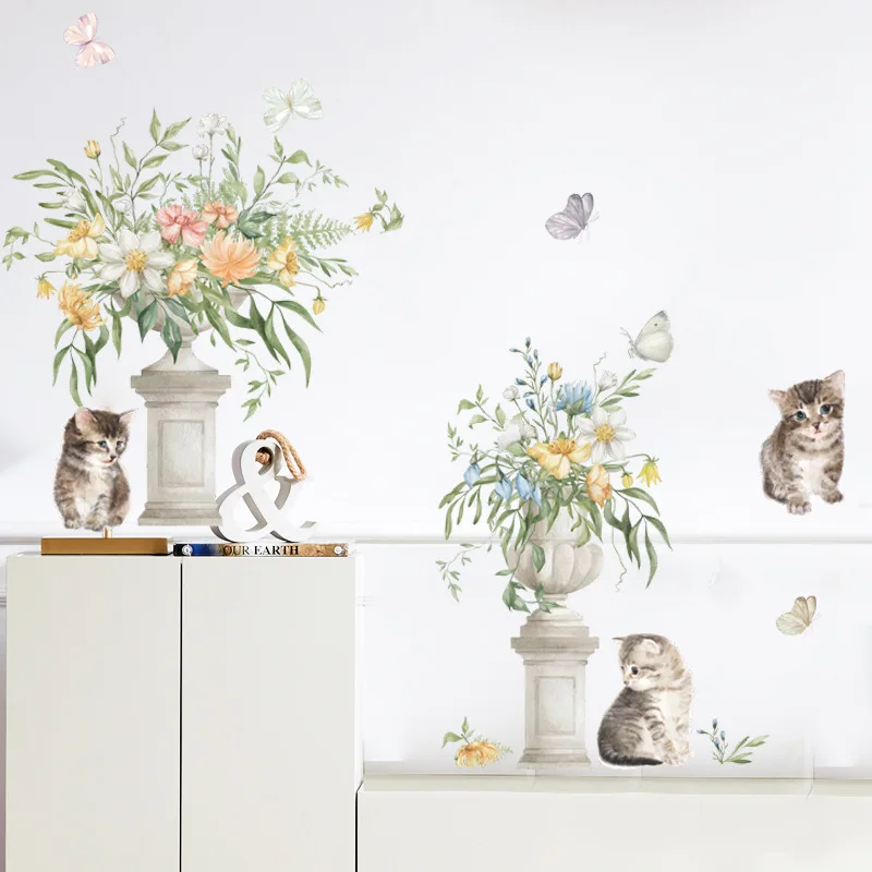 

Cute Cat Potted Plant Wall Sticker Kids Room Decor Decals Bedroom Living Room For Home Decoration Background Beautify Wallpaper