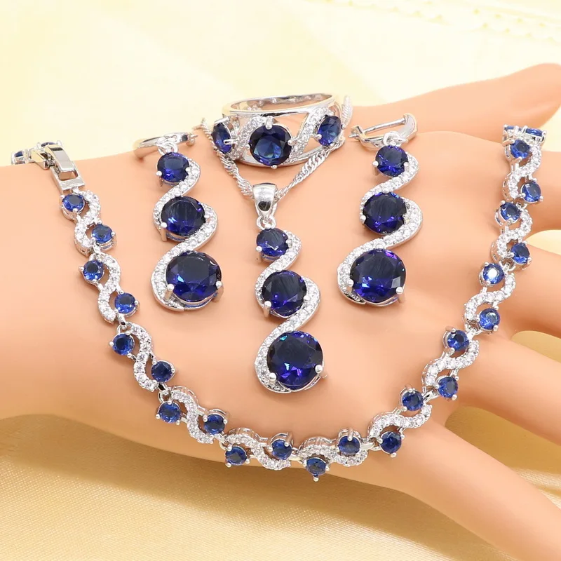 XUTAAYI Silver Color Wedding Jewelry Sets For Women Flower Shape Blue Zircon Bracelet Earrings Necklace Pendant Ring Gift Box