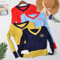 Camisetas Short T Shirt Women Embroidery Thin Knitted Tee Shirt 2022 Spring Womens Clothes T Shirts V-Neck Slim Long Sleeve Top