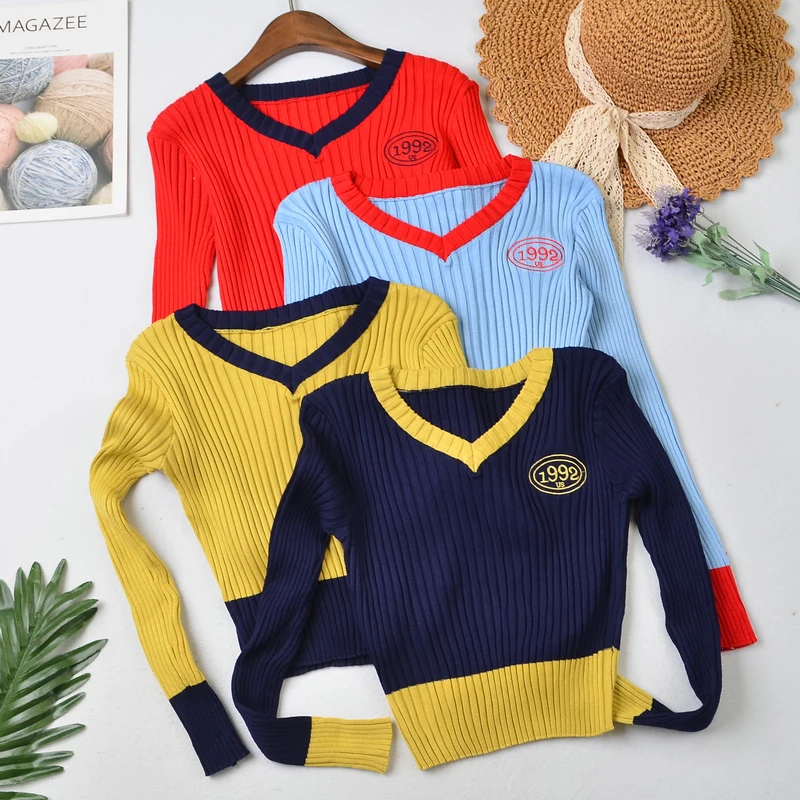 Camisetas Short T Shirt Women Embroidery Thin Knitted Tee Shirt 2022 Spring Womens Clothes T Shirts V-Neck Slim Long Sleeve Top