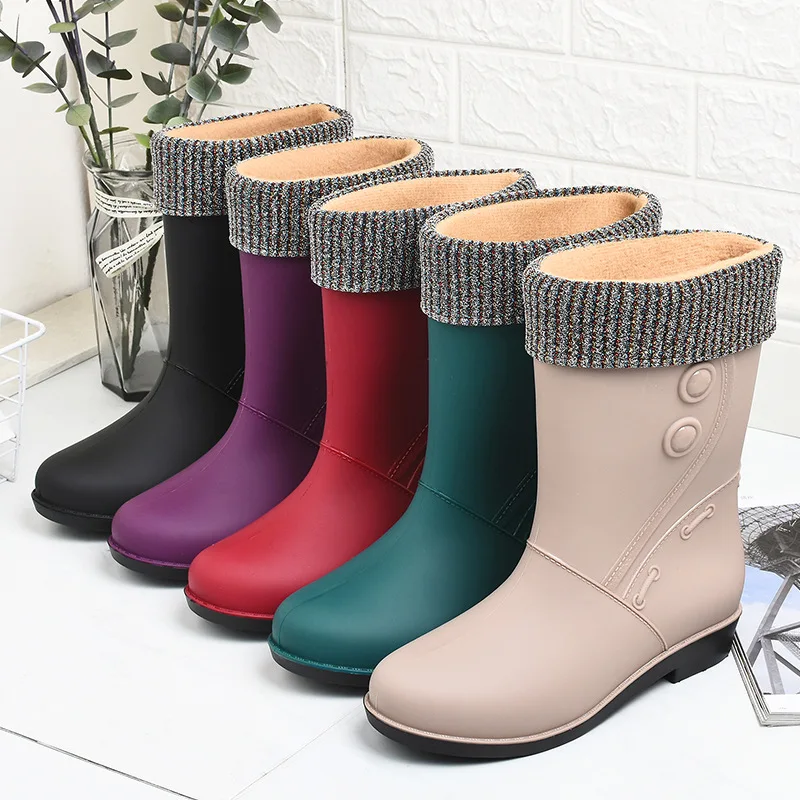 Fashion Plush Rain Shoes for Women Warm High Tube Rainboots Winter Solid Color Low-heel Non-slip PVC Rubber Shoesddd5