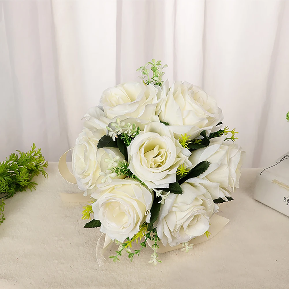 ​Wedding Bouquet Bride Bridal Bouquets Bridesmaid Bouquet White Silk Flowers Artificial Rose Bridal Holding Flowers For Wedding