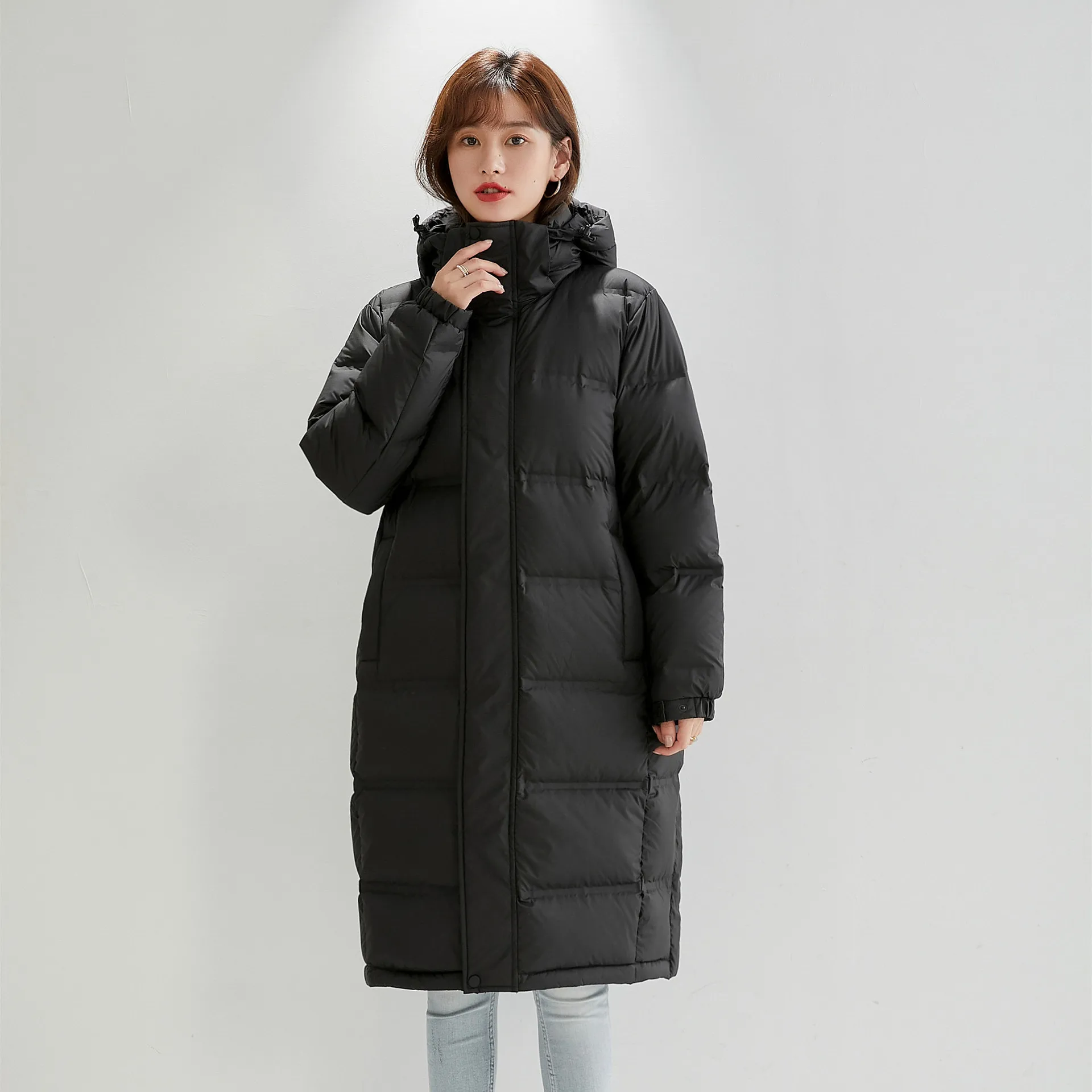 Women Winter Down Coats Thick Warm White Goose Down Hodded Midi Length Parkas Outerwear Solid Couple Outfit S-3XL