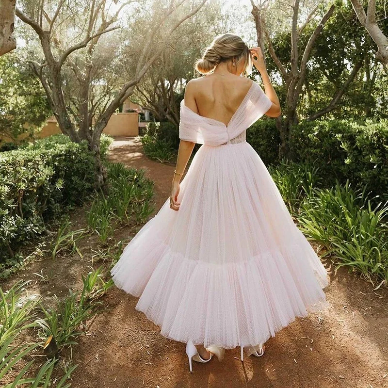 Sodigne Roze Dot Tulle Prom Dress 2023 Sweetheart Korte Mouwen Avondjurken Thee-Lengte A-lijn Partij Jurken Voor Vrouwen