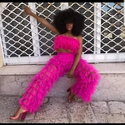 Fuchsia Two Pieces Tulle Sets Women Top And Pant Sheer See Through Tulle Maxi Wear Strapless Tops Long Trousers