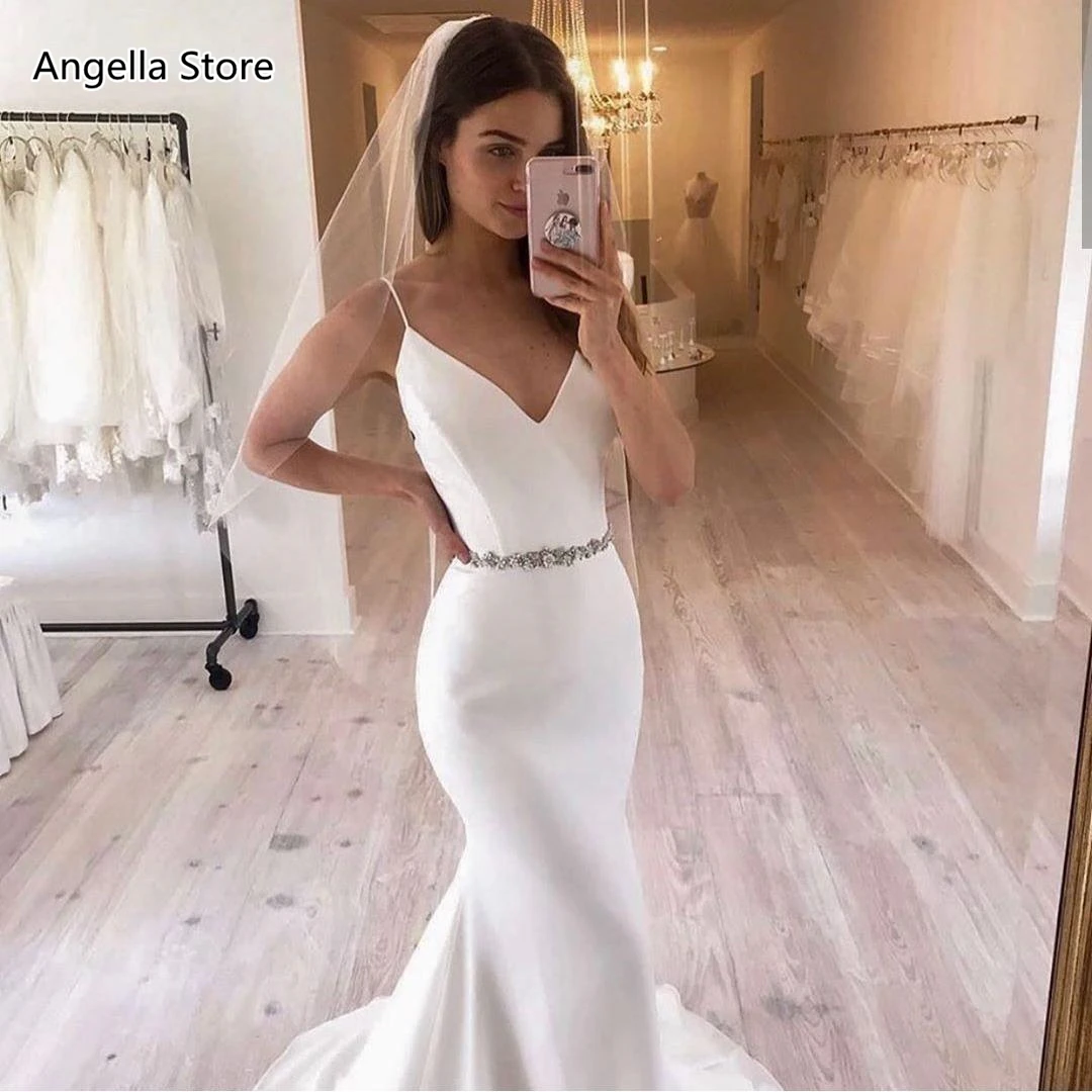 Spaghetti Mermaid Wedding Dresses For Bride Summer Sleeveless Backless Long Bridal Gowns V-Neck Reception Wear