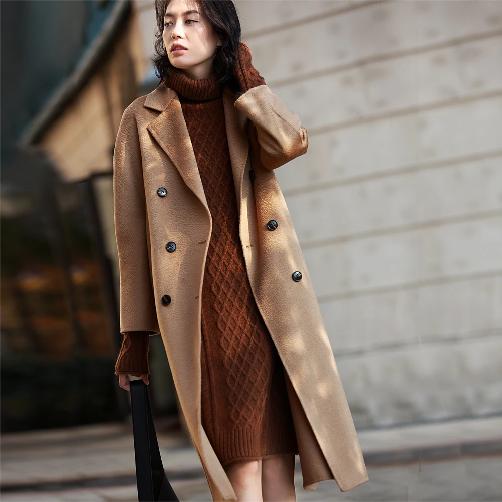 

Winter and autumn coat women wool coat 2019 winter Fashion black camel caramel belt Double-sided wool Lapel long ladies coats