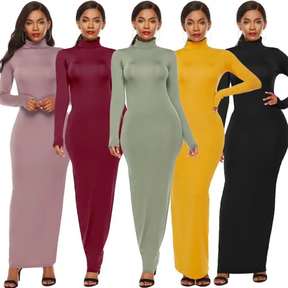 المرأة فستان الحفلات كم طويل الياقة المدورة Bodycon فستان الخريف الشتاء سليم مثير ماكسي فساتين طويلة VestidosS-5XL